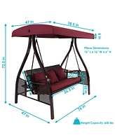 3-Person Patio Swing with Side Tables - Adjustable Tilt Canopy - 600 lb Capacity - Steel and Polyester - Merlot