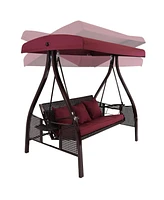 3-Person Patio Swing with Side Tables - Adjustable Tilt Canopy - 600 lb Capacity - Steel and Polyester - Merlot