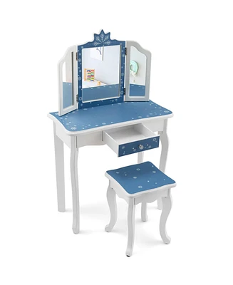 Princess Vanity Table and Chair Set with Tri-Folding Mirror and Snowflake Print