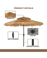 ft. Outdoor Double Layer Hawaiian Style Market Umbrella in Brown with Base and 32-Light Beads