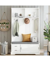 Space-Saving Hall Tree: Sliding Doors, Silvery Hooks, Mudroom Bench, Shoe Storage, Cushion