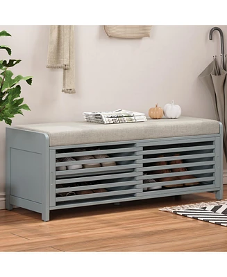 Distressed Shutter Storage Bench with Acacia Veneer for Retro Charm for Living Room