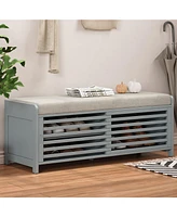 Distressed Shutter Storage Bench with Acacia Veneer for Retro Charm for Living Room