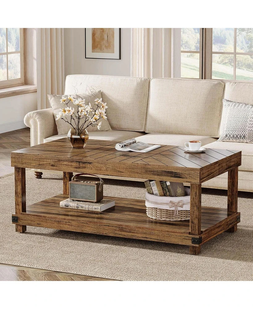 Tribesigns Farmhouse Coffee Table, 47-Inch Wood Center Table with Storage Shelf, 2-Tier Rectangle Cocktail Tea Table with Sturdy Frame for Living Room