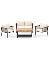 Gymax Set of 4 Furniture Set w/2-Tier Coffee Table Acacia Wood Armrests Tabletop