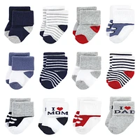 Hudson Baby Boys Cotton Rich Terry Socks 24-Pack, Mom Dad Navy Red, 0-6 Months