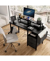 47" Computer Desk with power outlet, Monitor Stands,Shelves, Office Desk/Writing Table/Gaming desk With drawers, Large Side Pocket and Hooks, Easy to