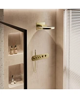 16-inch Thermostatic Shower System 2-Function Wall Mounted All-Copper Set with Rainfall & Waterfall Modes 59" Hose Ergonomic Handheld, Brushe