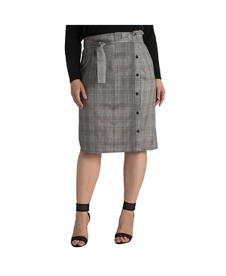 Plus Glen Plaid Suiting Button Front Paper Bag Waist Belted Skirt