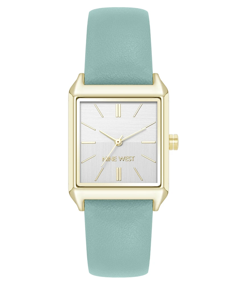 Nine West Women's Quartz Rectangular Gold-Tone and Mint Polyurethane Leather Band Watch, 29mm