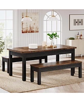 Tribesigns 55-Inch Large Dining Table Set for 4-6, 3 Pieces Wood Kitchen with 2 Benches, Rectangular Dinner Room Kitchen, R