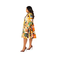 Buxom Couture Women's Plus Floral Long Sleeve Tiered Shirt Dress