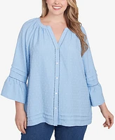 Ruby Rd. Plus Size Clip Dot Button Front Flared Sleeve Top