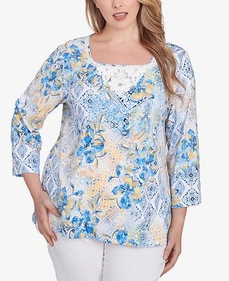 Ruby Rd. Plus Watercolor Floral Patchwork 3/4 Sleeve Top