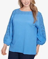 Ruby Rd. Plus Solid Textured Eyelet 3/4 Sleeve Top