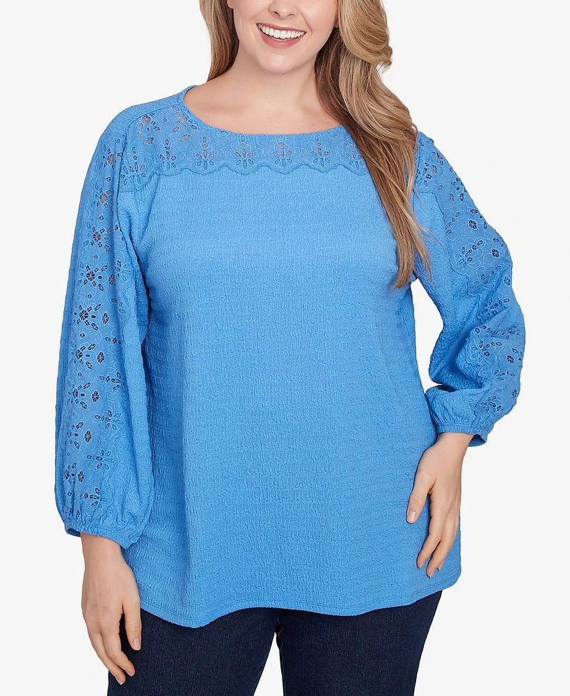 Ruby Rd. Plus Solid Textured Eyelet 3/4 Sleeve Top