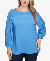 Ruby Rd. Plus Solid Textured Eyelet 3/4 Sleeve Top