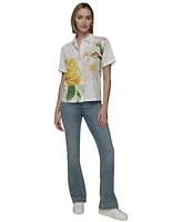 Karl Lagerfeld Paris Petite Placed Floral Cropped Woven Top