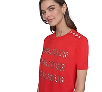 Karl Lagerfeld Paris Petite Crystal Bonjour Short-Sleeve Sweater