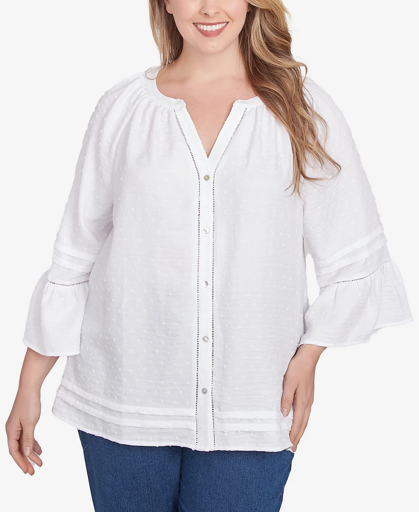 Ruby Rd. Plus Clip Dot Button Front Flared Sleeve Top