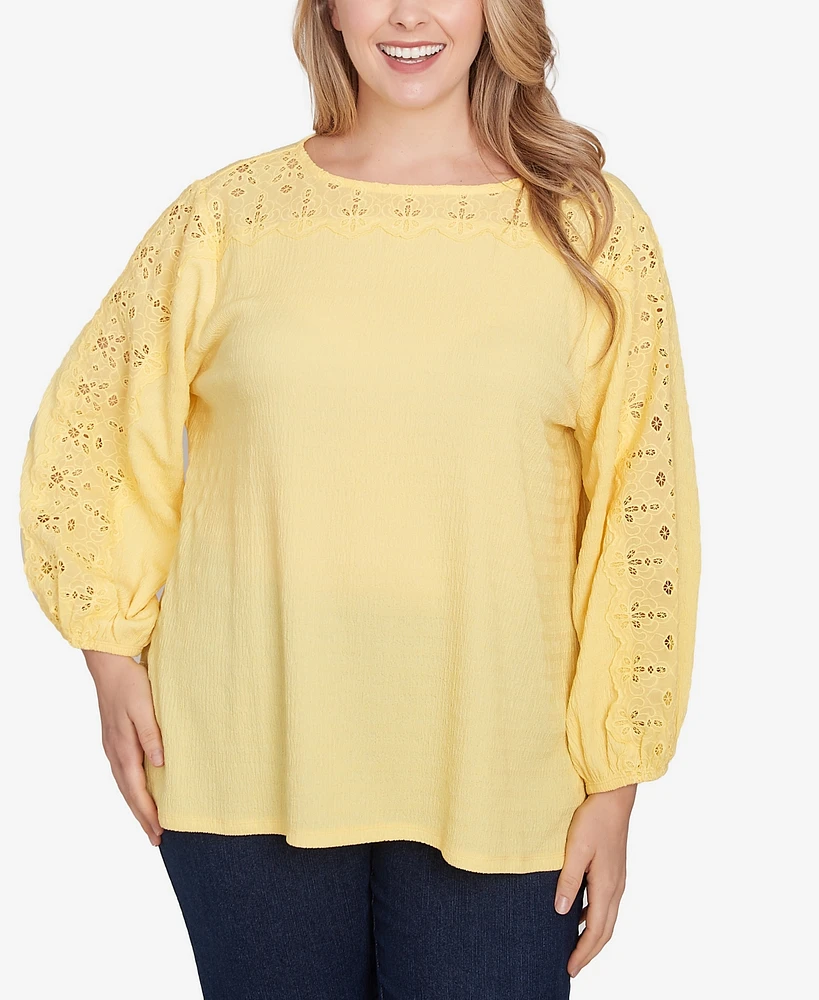 Ruby Rd. Plus Size Solid Textured Eyelet 3/4 Sleeve Top