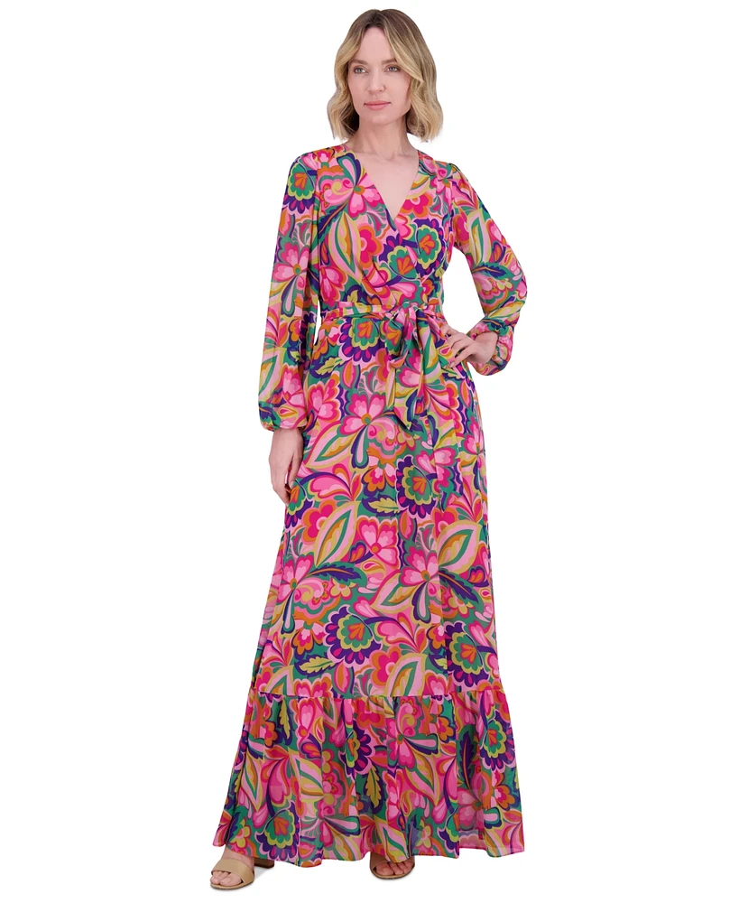 Jessica Howard Women's Printed Tie-Waist Blouson-Sleeve Maxi Dress
