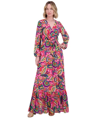Jessica Howard Women's Printed Tie-Waist Blouson-Sleeve Maxi Dress