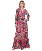 Jessica Howard Women's Printed Tie-Waist Blouson-Sleeve Maxi Dress