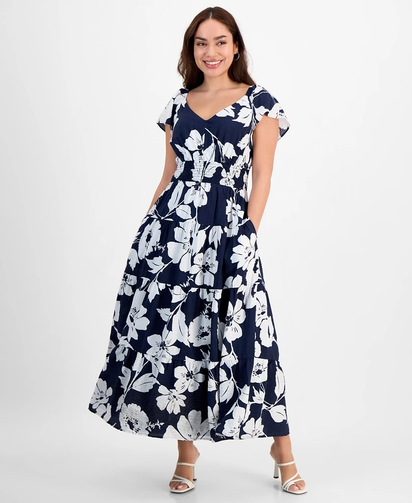 Tinsel Petite Floral-Print Flutter-Sleeve Tiered Maxi Dress