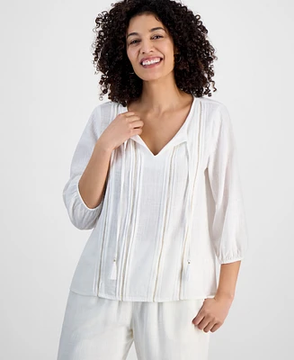 Jm Collection Petite Tie-Neck Embellished Pintuck-Trim Top, Exclusively at Macy's