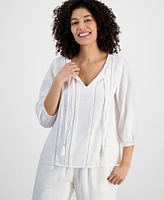 Jm Collection Petite Tie-Neck Embellished Pintuck-Trim Top, Exclusively at Macy's