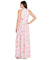 R & M Richards Women's Printed Chiffon Criss-Cross Halter Maxi Dress