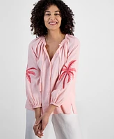 Charter Club Petite 100% Linen Tie-Neck Embroidered-Sleeve Top, Exclusively at Macy's