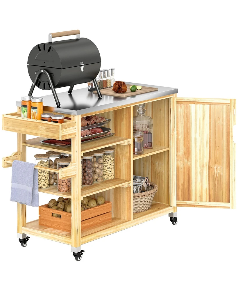 Outsunny Grill Cart, Stainless Steel Top Kitchen Island, Natural Wood