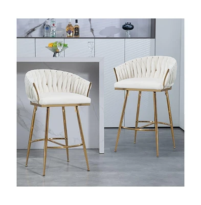 26 Inch Velvet Counter Height Bar Stools with Hand-Wave Back, Adjustable Metal Legs & Footrest,Set of 2 -The Pop Home