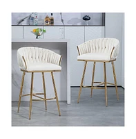 26 Inch Velvet Counter Height Bar Stools with Hand-Wave Back, Adjustable Metal Legs & Footrest,Set of 2 -The Pop Home