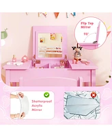 2-in-1 Kids Vanity Makeup Table and Chair Set with Flip-Top Mirror Fun Stylish Dressing for