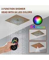 4 Function Led Luxury Shower System with Side Body Jets Thermostatic Faucet Handheld Head, Brushed Gold