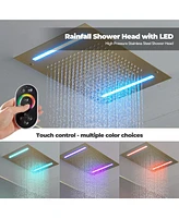 Luxury Shower System Square Top Spray with Body Jets, Led Light Single-Function Handle, and Adjustable Lifting Rod for Bathroom, Brushed Gold