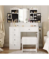 White Vanity Set with Mirror and Lights , Makeup Vanity Desk with Jewelry Armoire & Charging Station & 5 Drawers