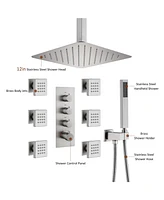 Brushed Nickel Celling Mount Thermostatic Rain Shower System with Handheld and Wall Body Jets 3 Functions Faucet