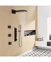 Black Luxury Temperature Thermostatic Shower System wtih Handheld Sprayer Wall Mount Rain Dual Shower Heads with 3 Body Jet