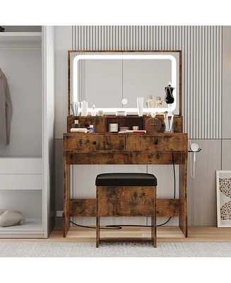 Vanity Desk, Bedroom Makeup Table with 4 Drawers,Storage Stool