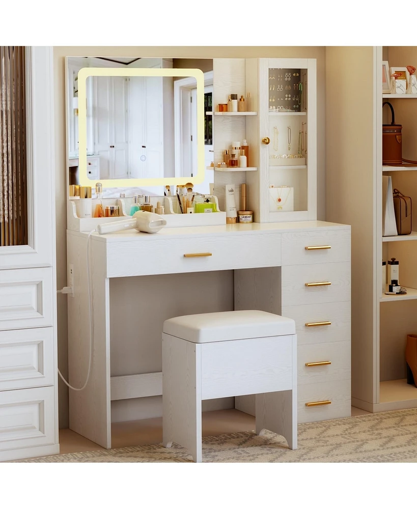 Makeup Vanity Set with Mirror and Lights , White Vanity Desk with 6 Drawers