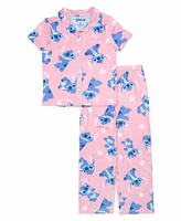 Lilo Stitch Little Girls Short Sleeve Button Down Sleep Shirt and Open Leg Pant, 2-Piece Pajama Set