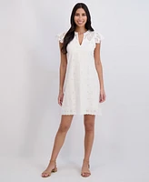 London Times Women's Ruffled Split-Neck Ruffled-Sleeve Cotton Shift Dress