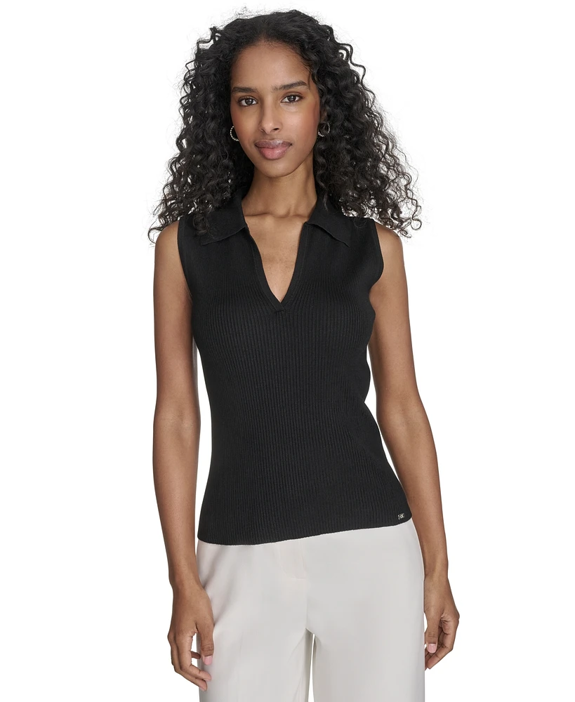 Calvin Klein Women's Collared Ribbed Knit Sleeveless Sweater
