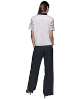 Karl Lagerfeld Paris Women's Crop Lace Contrast-Trim Short Sleeve Button-Front Top