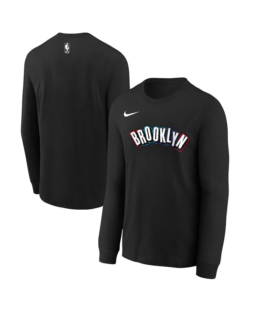 Nike Big Boys and Girls Black Brooklyn Nets 2024/25 City Edition Wordmark Performance Long Sleeve T-Shirt