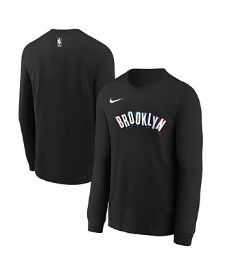 Nike Big Boys and Girls Black Brooklyn Nets 2024/25 City Edition Wordmark Performance Long Sleeve T-Shirt